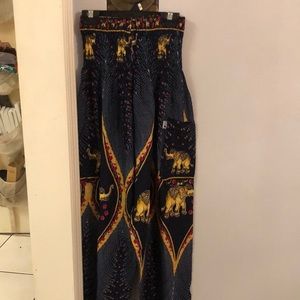 Elephant pants, dark blue background with gold elephants